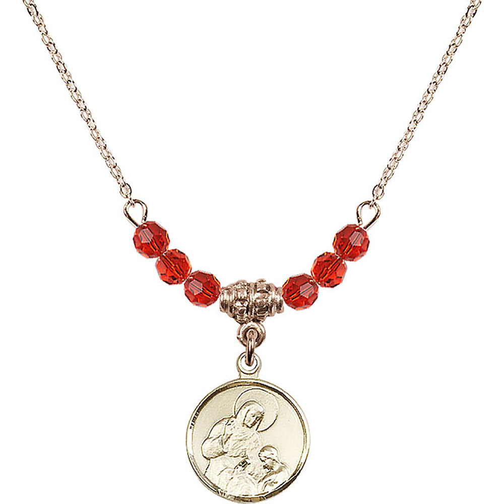 14kt Gold Filled Saint Ann Birthstone Necklace with Ruby Beads - 0601