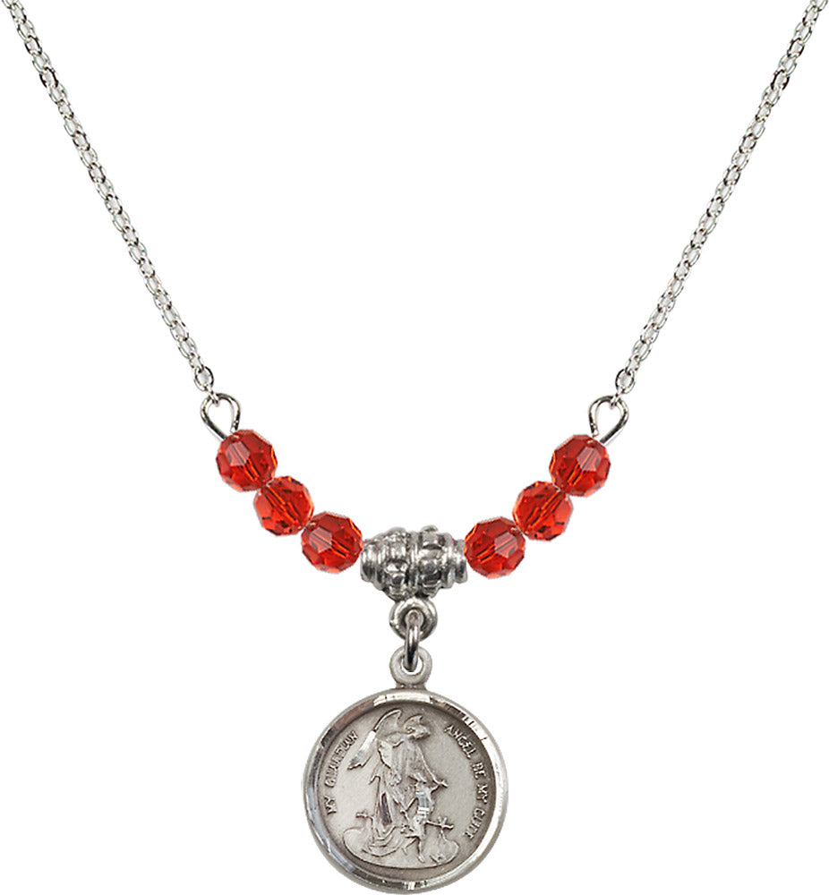 Sterling Silver Guardian Angel Birthstone Necklace with Ruby Beads - 0601