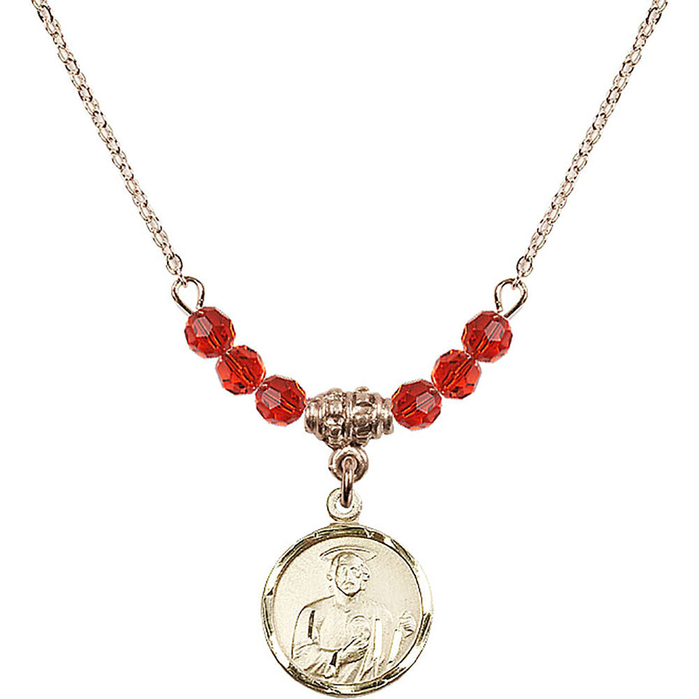 14kt Gold Filled Saint Jude Birthstone Necklace with Ruby Beads - 0601