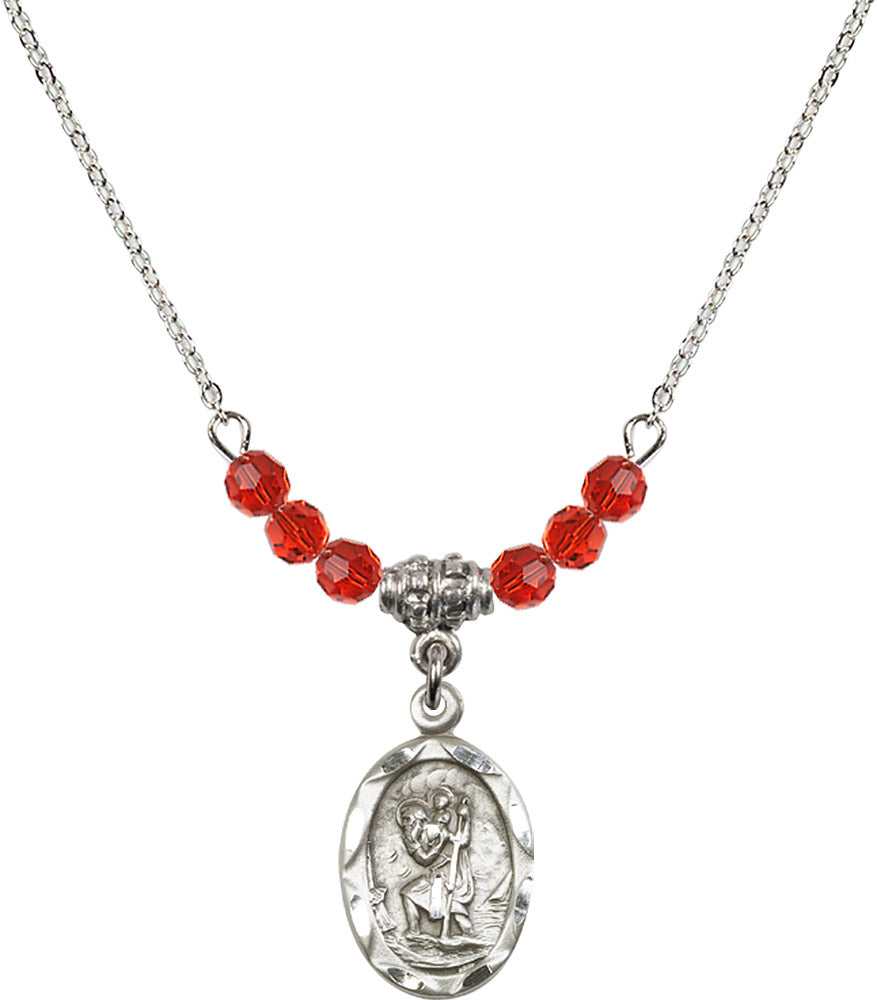 Sterling Silver Saint Christopher Birthstone Necklace with Ruby Beads - 0612