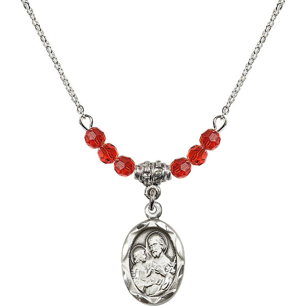 Sterling Silver Saint Joseph Birthstone Necklace with Ruby Beads - 0612