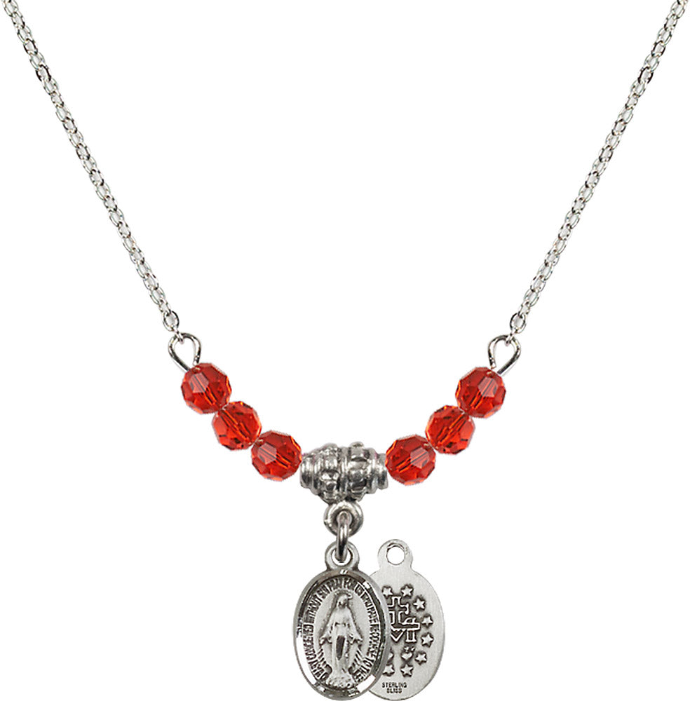 Sterling Silver Miraculous Birthstone Necklace with Ruby Beads - 0702