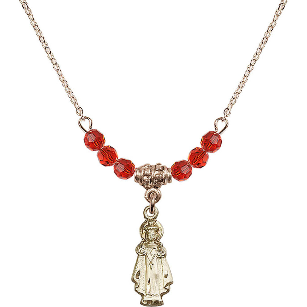 14kt Gold Filled Infant of Prague Birthstone Necklace with Ruby Beads - 0823