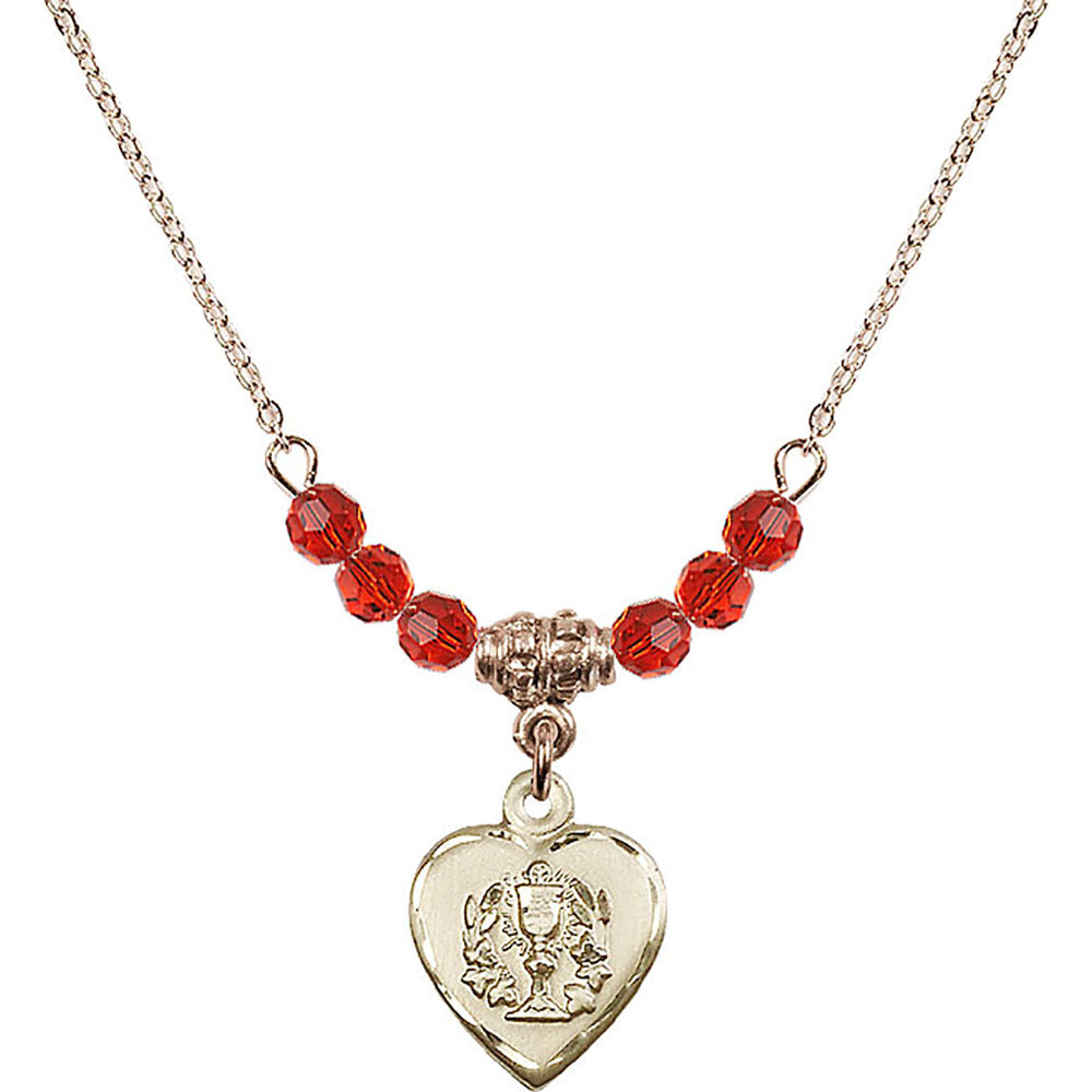 14kt Gold Filled Heart / Communion Birthstone Necklace with Ruby Beads - 0892