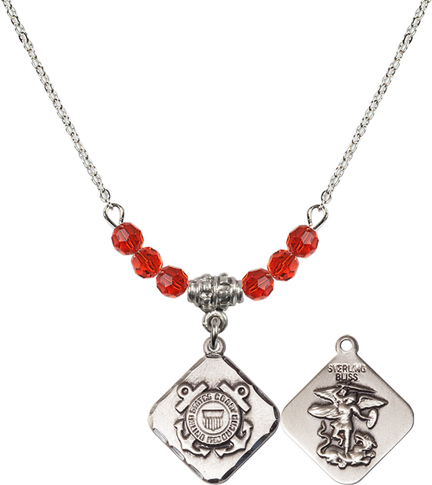 Sterling Silver Coast Guard Diamond Birthstone Necklace with Ruby Beads - 1180