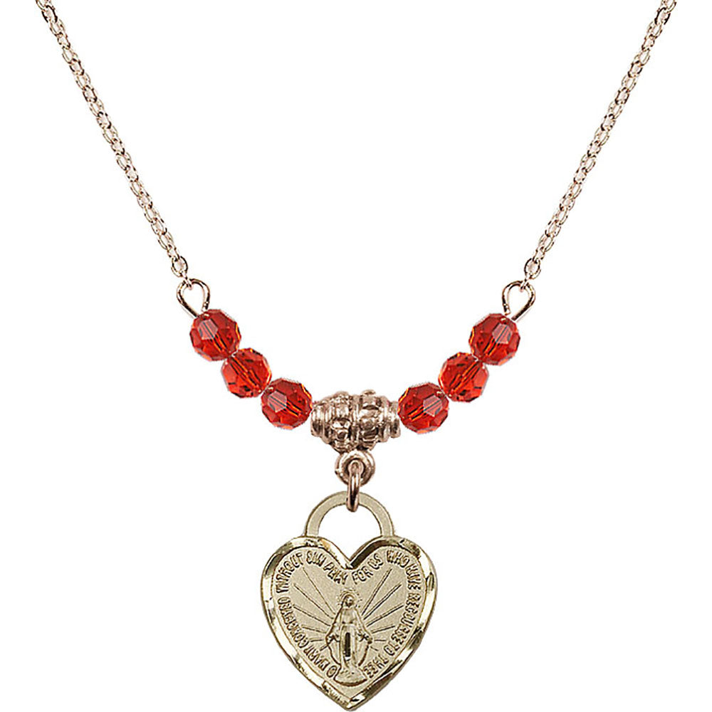 14kt Gold Filled Miraculous Heart Birthstone Necklace with Ruby Beads - 3401