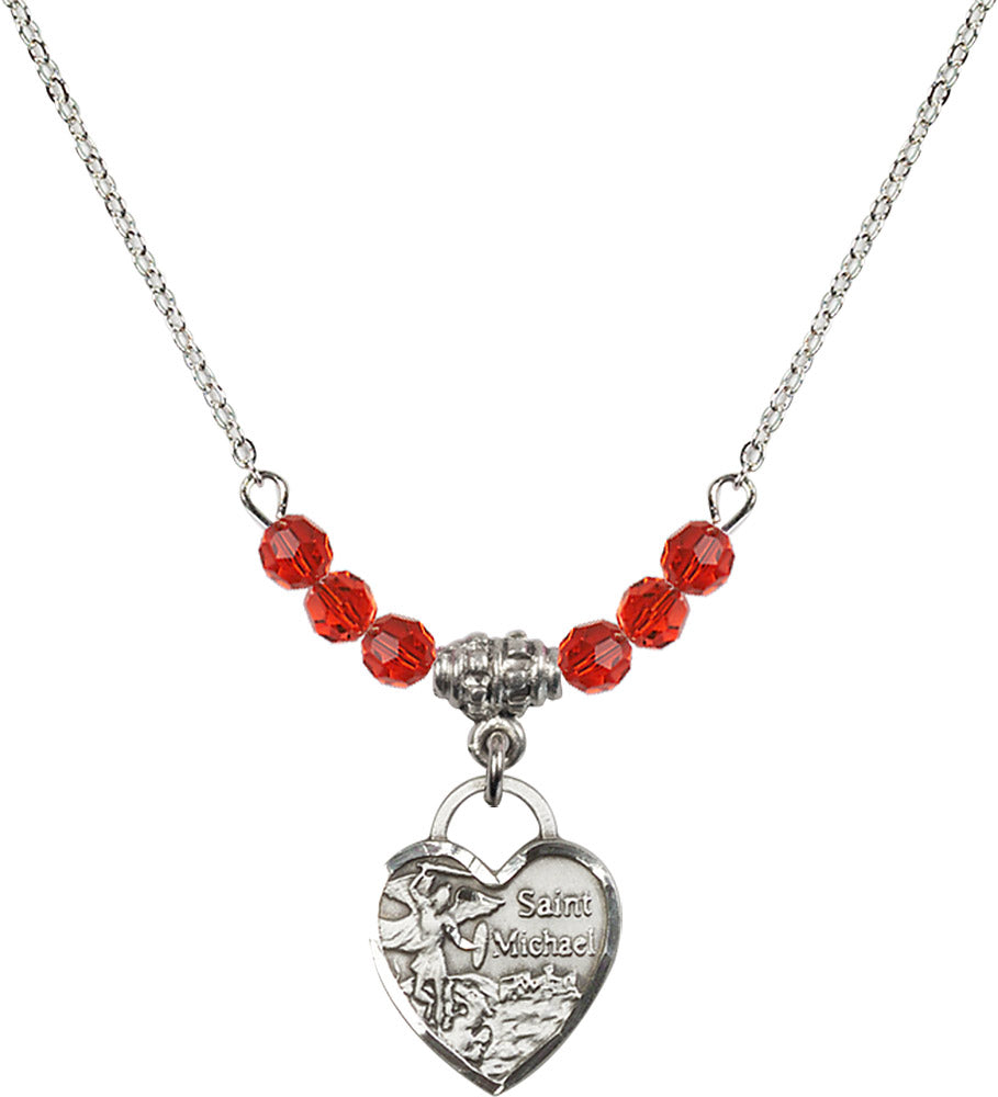 Sterling Silver Saint Michael Heart Birthstone Necklace with Ruby Beads - 3403