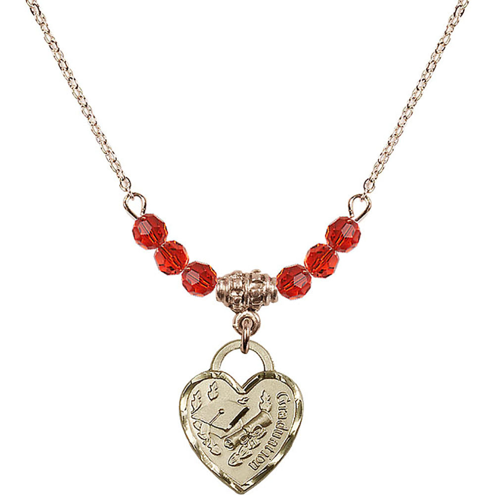 14kt Gold Filled Graduation Heart Birthstone Necklace with Ruby Beads - 3406
