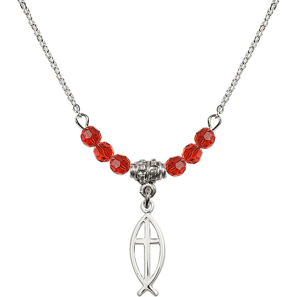 Sterling Silver Fish / Cross Birthstone Necklace with Ruby Beads - 4251