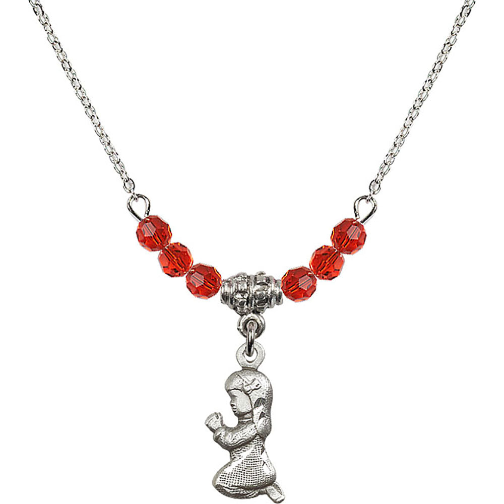 Sterling Silver Praying Girl Birthstone Necklace with Ruby Beads - 4262