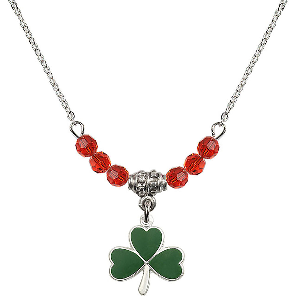 Sterling Silver Shamrock Birthstone Necklace with Ruby Beads - 5243