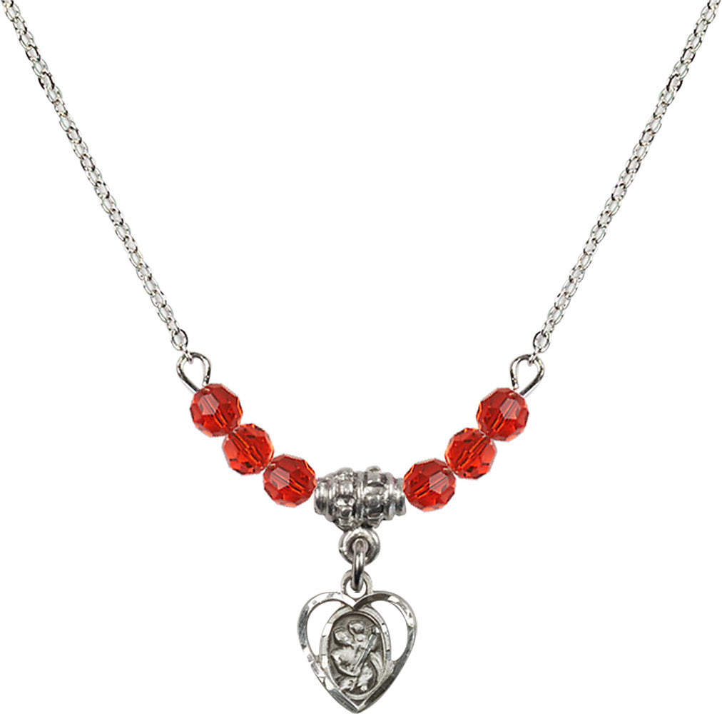 Sterling Silver Saint Christopher Birthstone Necklace with Ruby Beads - 5403