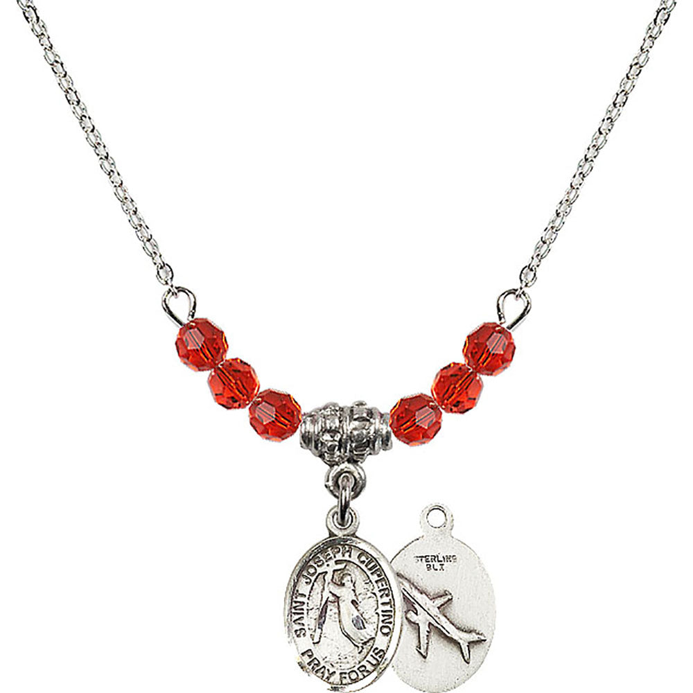 Sterling Silver Saint Joseph of Cupertino Birthstone Necklace with Ruby Beads - 9057