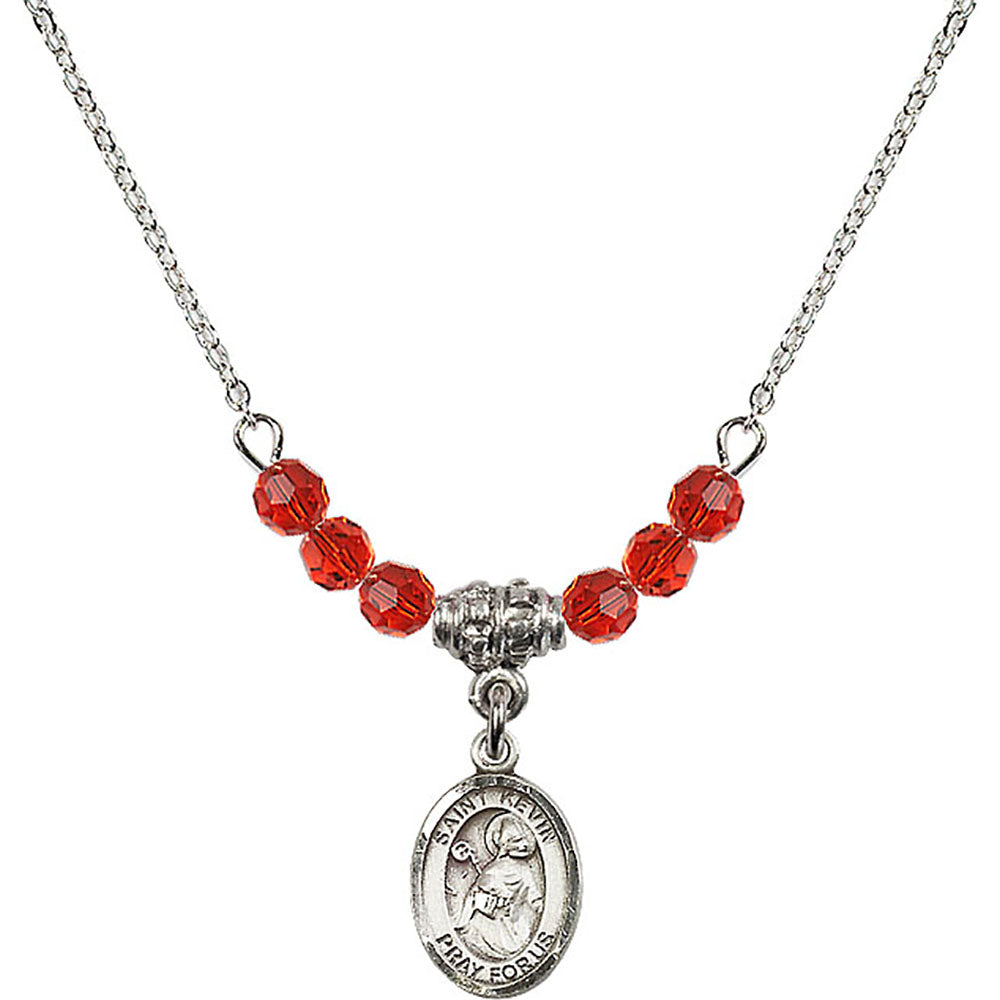Sterling Silver Saint Kevin Birthstone Necklace with Ruby Beads - 9062