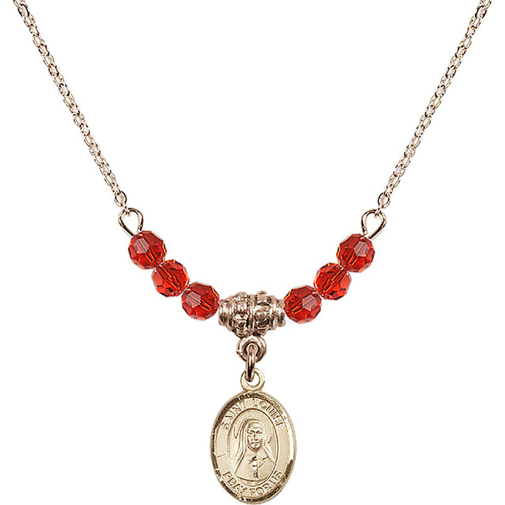 14kt Gold Filled Saint Louise de Marillac Birthstone Necklace with Ruby Beads - 9064