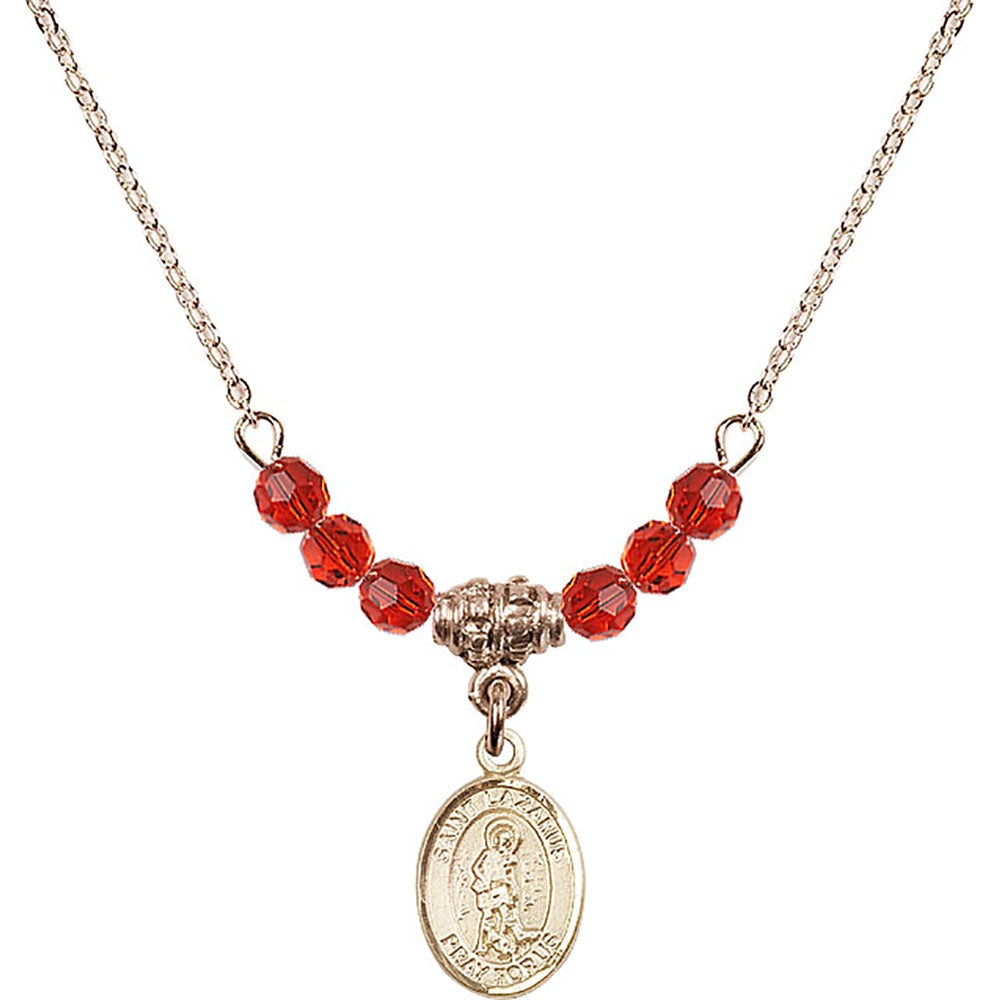 14kt Gold Filled Saint Lazarus Birthstone Necklace with Ruby Beads - 9066
