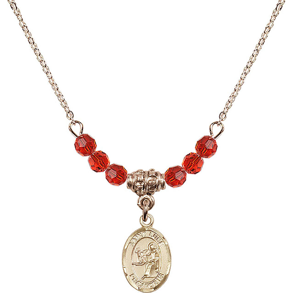 14kt Gold Filled Saint Luke the Apostle Birthstone Necklace with Ruby Beads - 9068