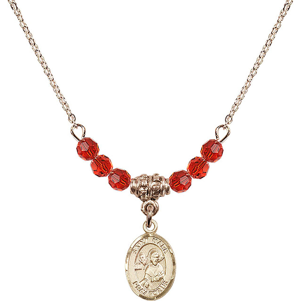 14kt Gold Filled Saint Mark the Evangelist Birthstone Necklace with Ruby Beads - 9070