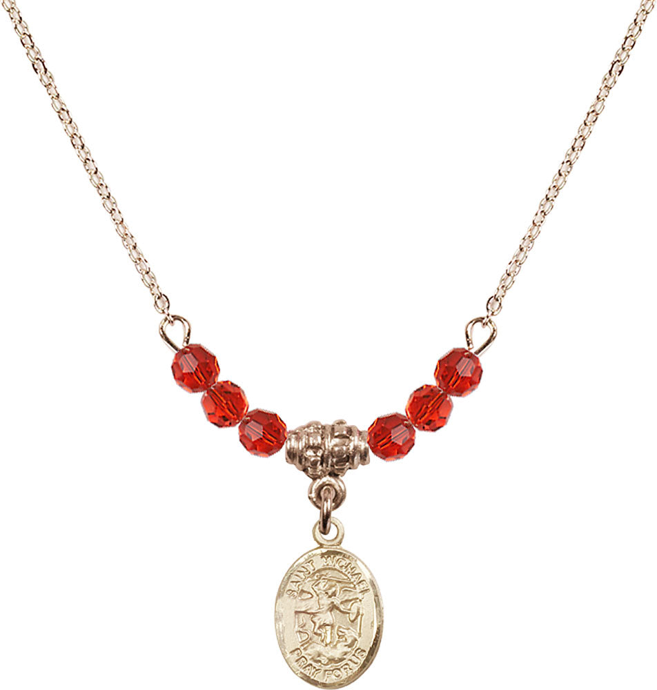 14kt Gold Filled Saint Michael the Archangel Birthstone Necklace with Ruby Beads - 9076