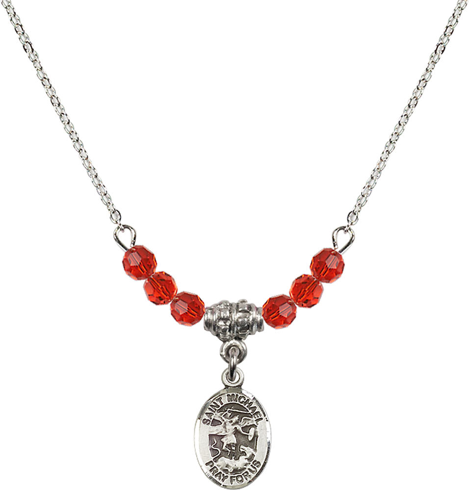 Sterling Silver Saint Michael the Archangel Birthstone Necklace with Ruby Beads - 9076