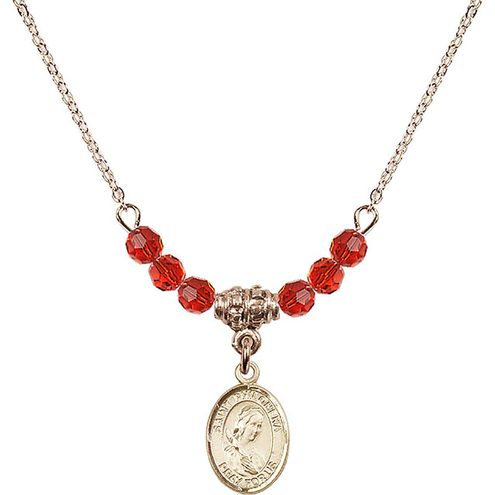 14kt Gold Filled Saint Philomena Birthstone Necklace with Ruby Beads - 9077