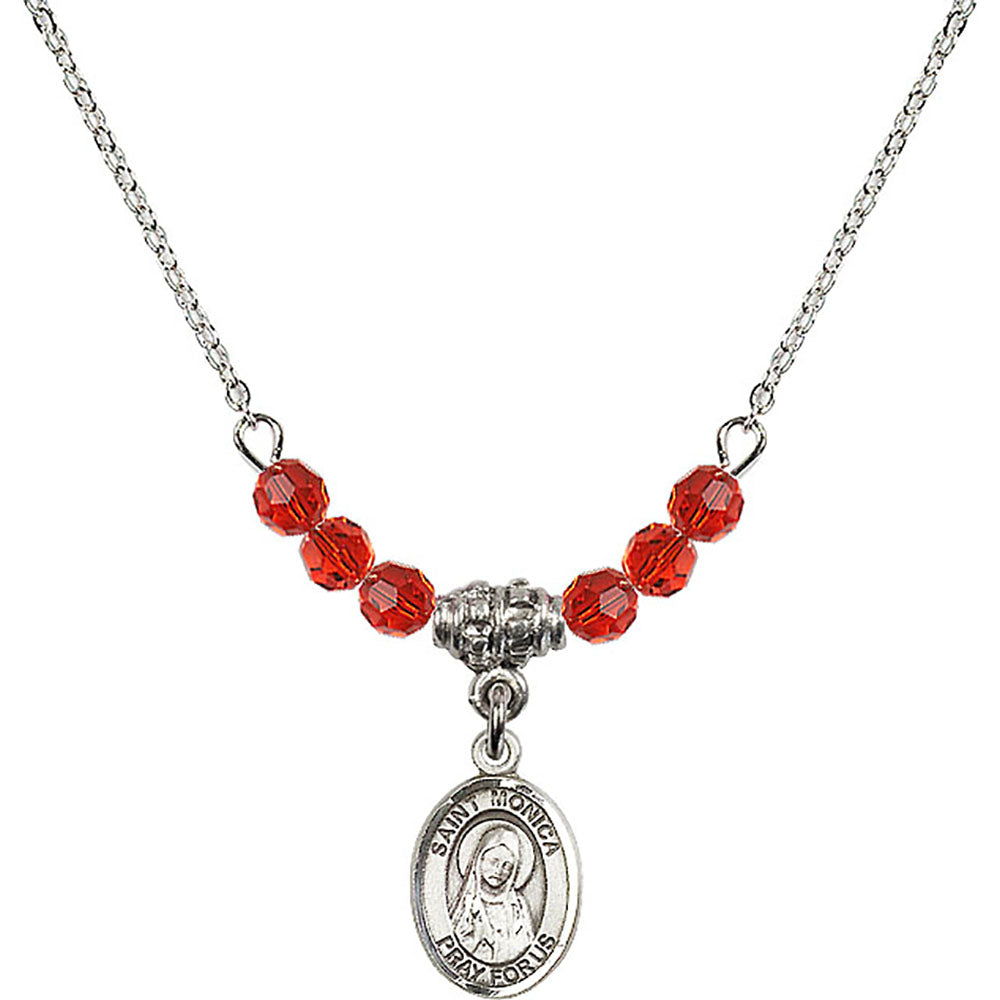 Sterling Silver Saint Monica Birthstone Necklace with Ruby Beads - 9079