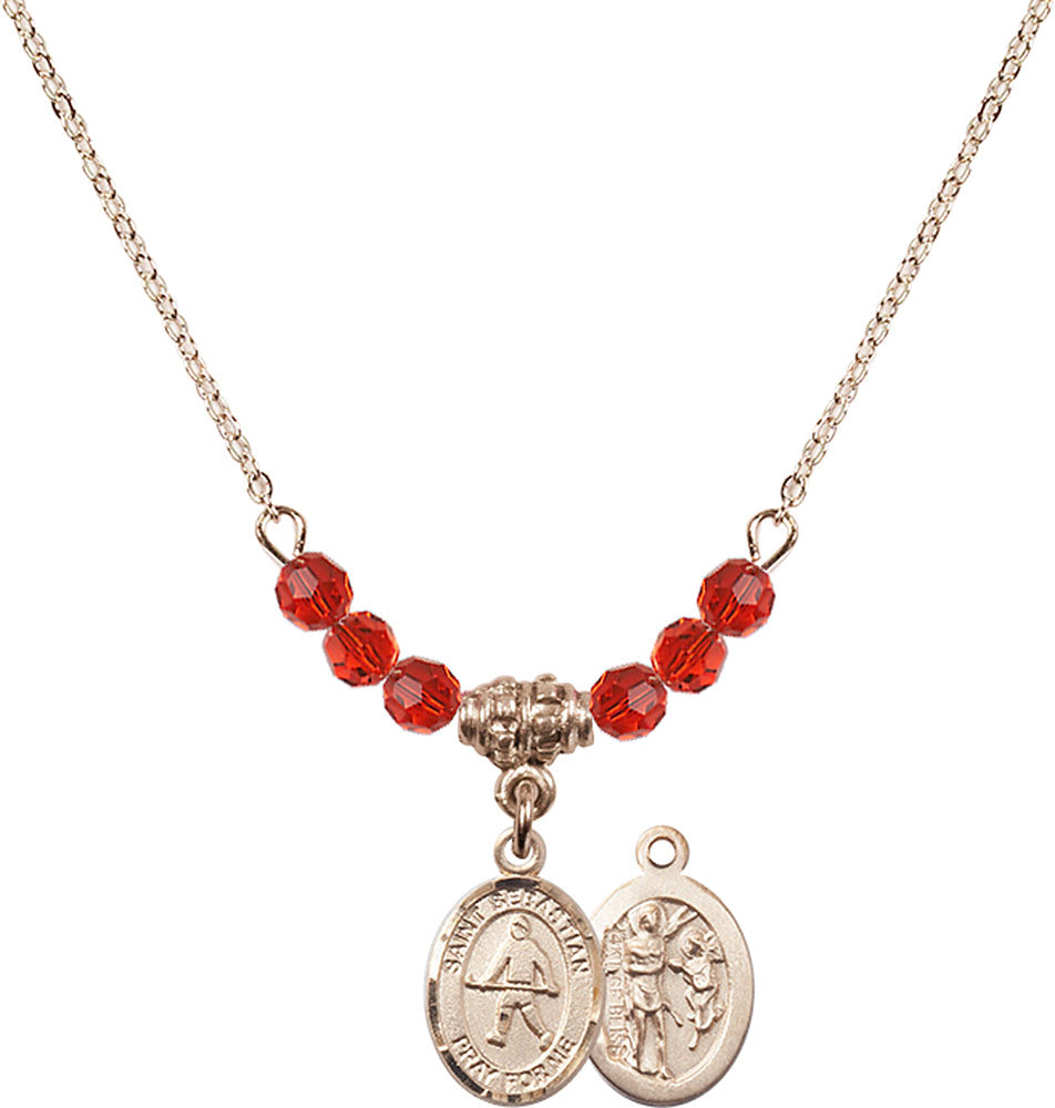 14kt Gold Filled Saint Sebastian/Field Hockey Birthstone Necklace with Ruby Beads - 9178