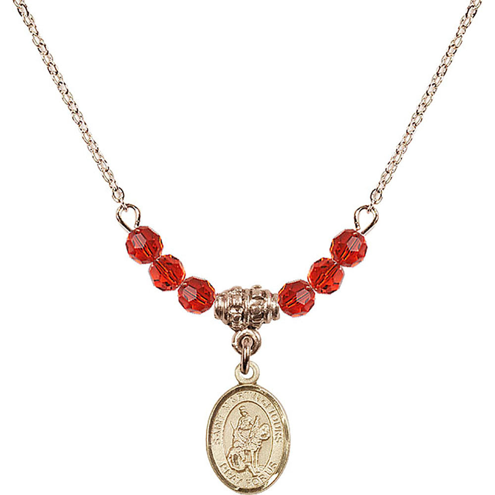 14kt Gold Filled Saint Martin of Tours Birthstone Necklace with Ruby Beads - 9200