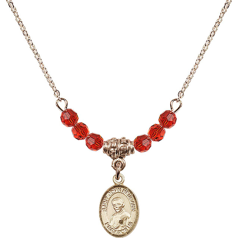 14kt Gold Filled Saint John Neumann Birthstone Necklace with Ruby Beads - 9204