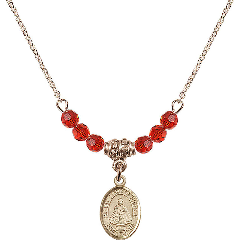14kt Gold Filled Infant of Prague Birthstone Necklace with Ruby Beads - 9207