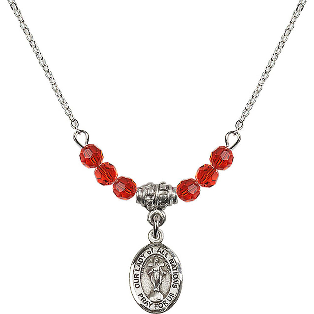 Sterling Silver Our Lady of All Nations Birthstone Necklace with Ruby Beads - 9242