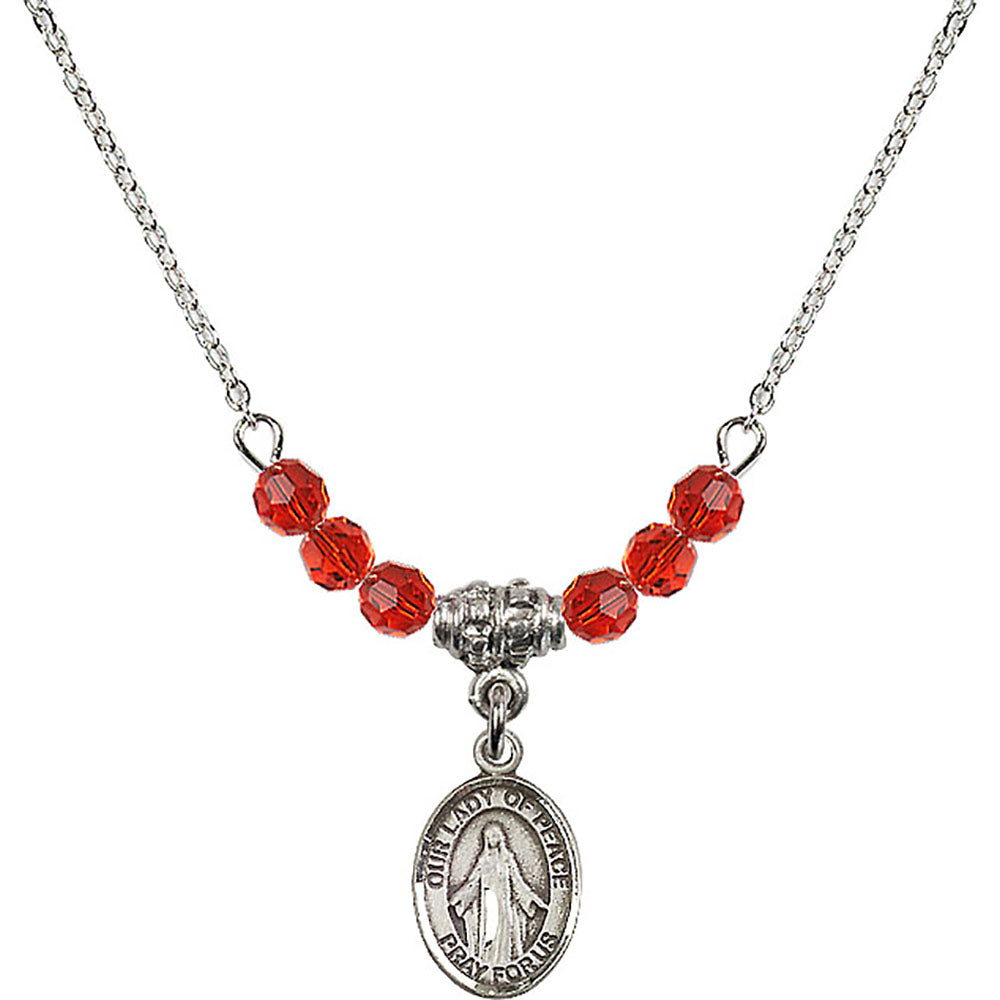 Sterling Silver Our Lady of Peace Birthstone Necklace with Ruby Beads - 9245