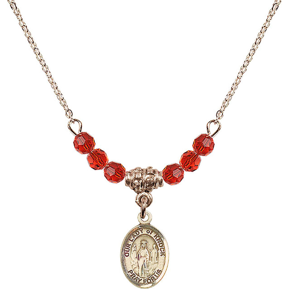 14kt Gold Filled Our Lady of Knock Birthstone Necklace with Ruby Beads - 9246