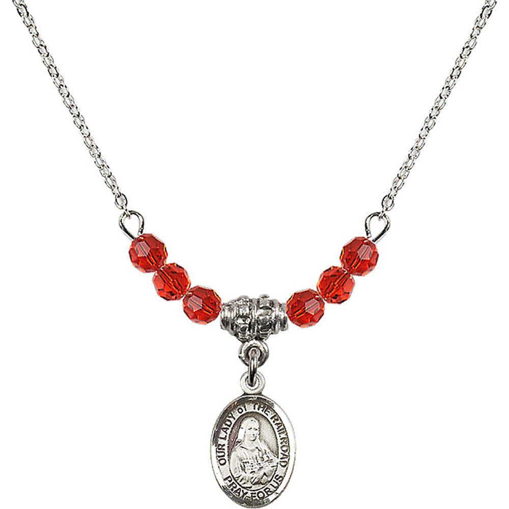 Sterling Silver Our Lady of the Railroad Birthstone Necklace with Ruby Beads - 9247
