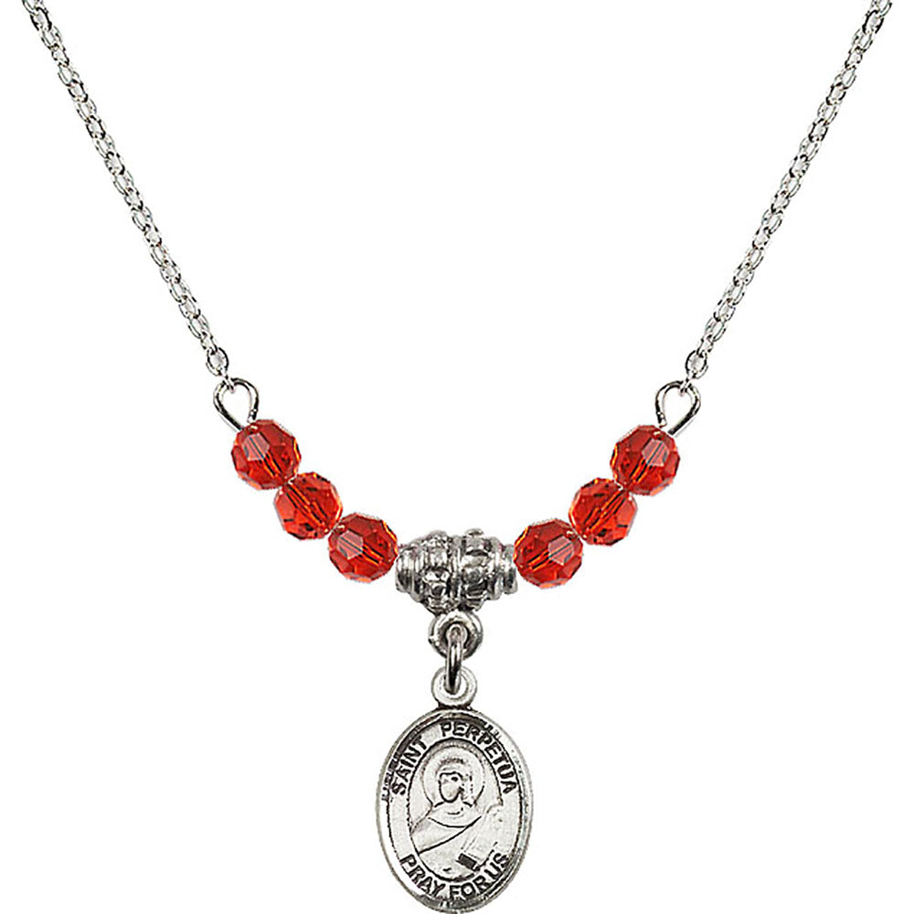 Sterling Silver Saint Perpetua Birthstone Necklace with Ruby Beads - 9272
