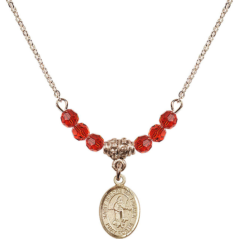 14kt Gold Filled Saint Isidore the Farmer Birthstone Necklace with Ruby Beads - 9276