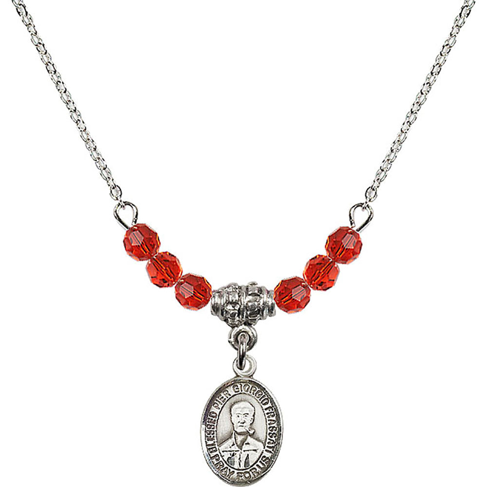 Sterling Silver Blessed Pier Giorgio Frassati Birthstone Necklace with Ruby Beads - 9278