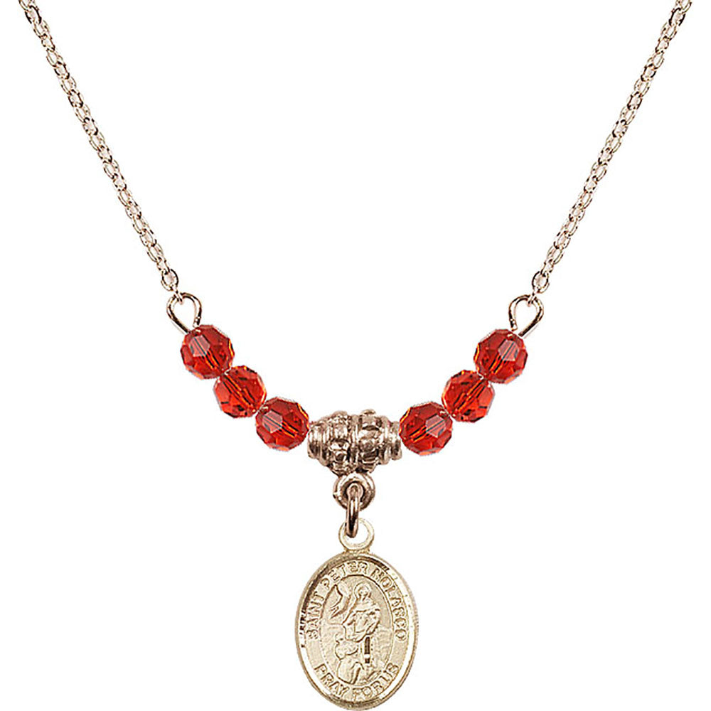 14kt Gold Filled Saint Peter Nolasco Birthstone Necklace with Ruby Beads - 9291