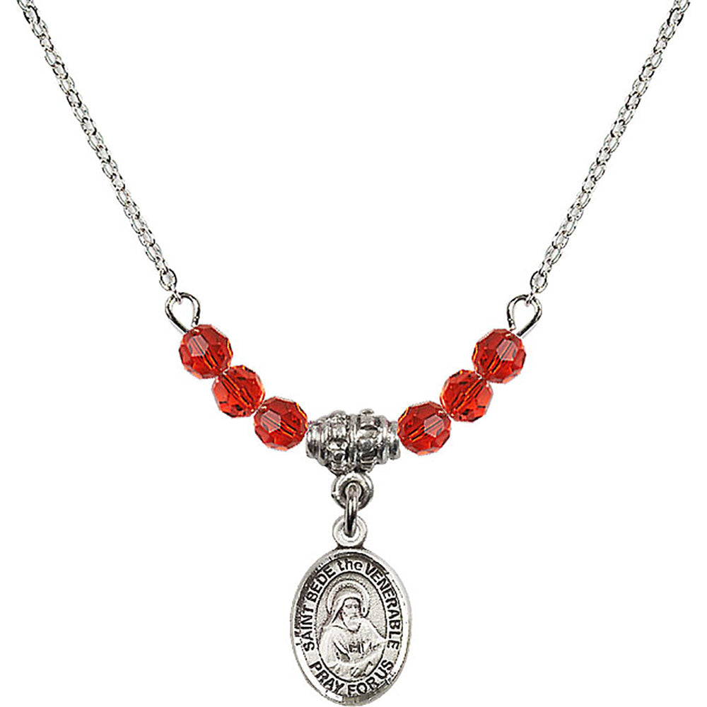 Sterling Silver Saint Bede the Venerable Birthstone Necklace with Ruby Beads - 9302
