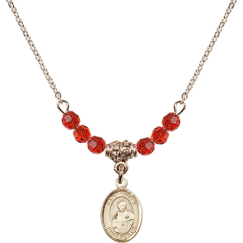 14kt Gold Filled Saint Pius X Birthstone Necklace with Ruby Beads - 9305