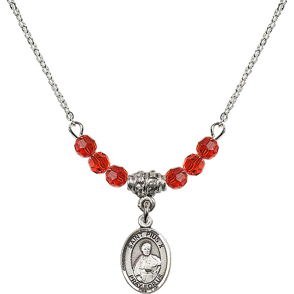 Sterling Silver Saint Pius X Birthstone Necklace with Ruby Beads - 9305