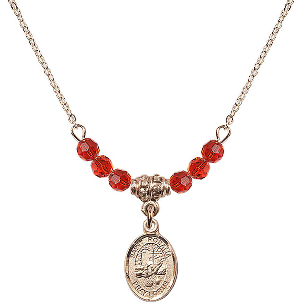 14kt Gold Filled Saint Rosalia Birthstone Necklace with Ruby Beads - 9309