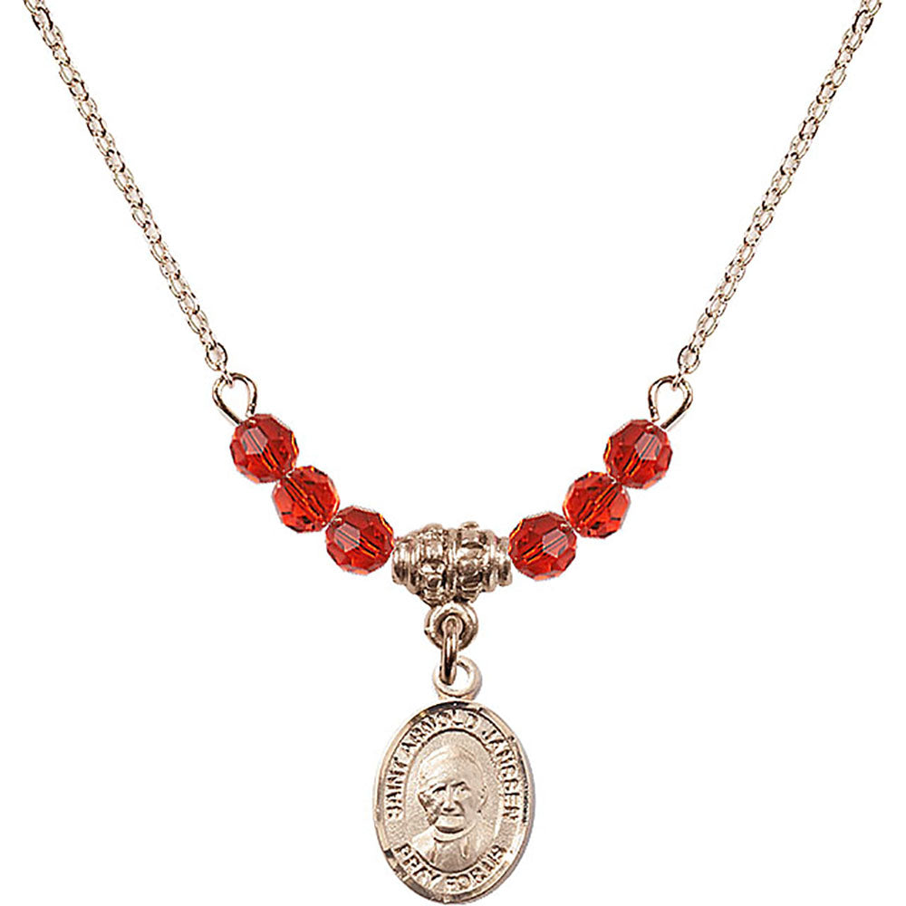 14kt Gold Filled Saint Arnold Janssen Birthstone Necklace with Ruby Beads - 9328
