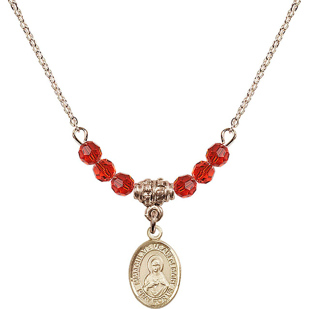 14kt Gold Filled Immaculate Heart of Mary Birthstone Necklace with Ruby Beads - 9337