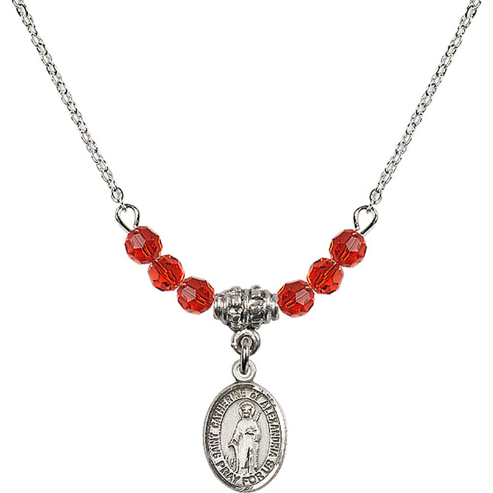 Sterling Silver Saint Catherine of Alexandria Birthstone Necklace with Ruby Beads - 9343
