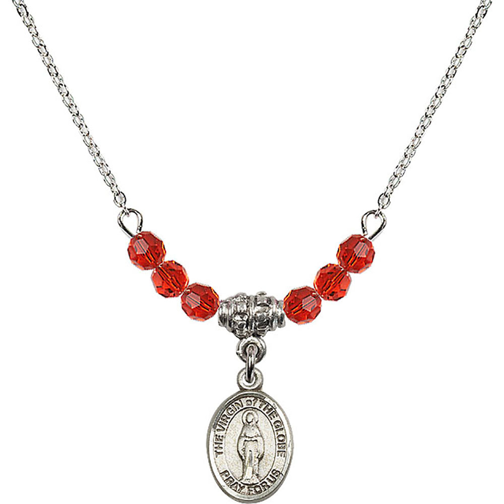 Sterling Silver Virgin of the Globe Birthstone Necklace with Ruby Beads - 9345