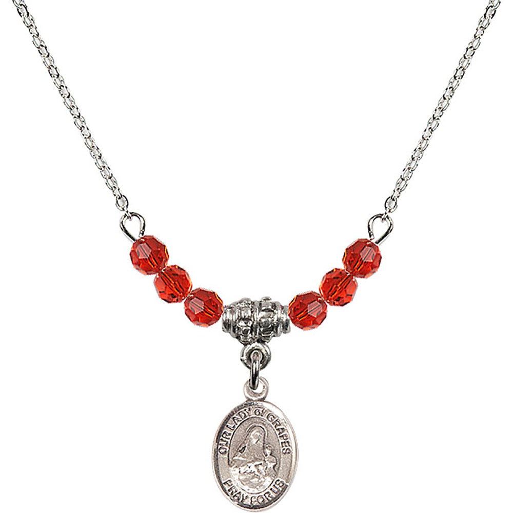 Sterling Silver Our Lady of Grapes Birthstone Necklace with Ruby Beads - 9347