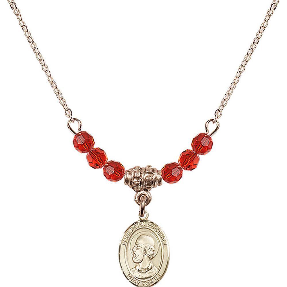 14kt Gold Filled Pope Saint Eugene I Birthstone Necklace with Ruby Beads - 9352