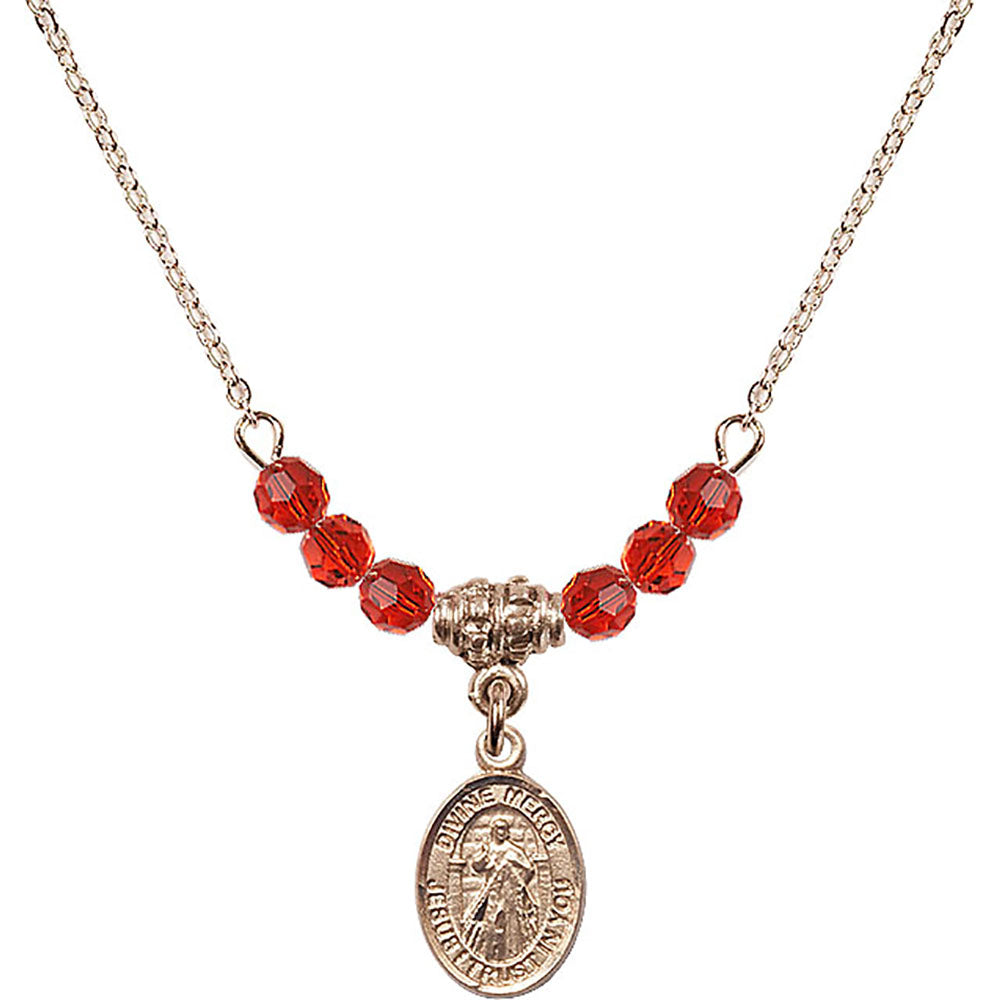 14kt Gold Filled Divine Mercy Birthstone Necklace with Ruby Beads - 9366