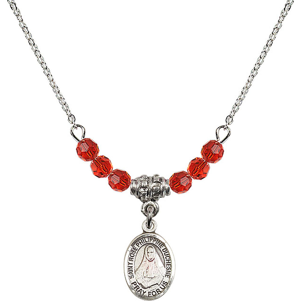 Sterling Silver Saint Rose Philippine Duchesne Birthstone Necklace with Ruby Beads - 9371